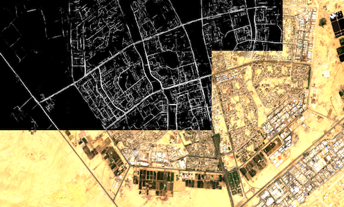 The image shows road predictions performed on Sentinel data for Cairo, Egypt; the results presented in black and white are the raw, soft-predictions, overlaid as a raster on the original satellite image. Image credits: The rasters are provided by the Sentinel-2 satellites under the CC BY-SA 3.0 IGO license.